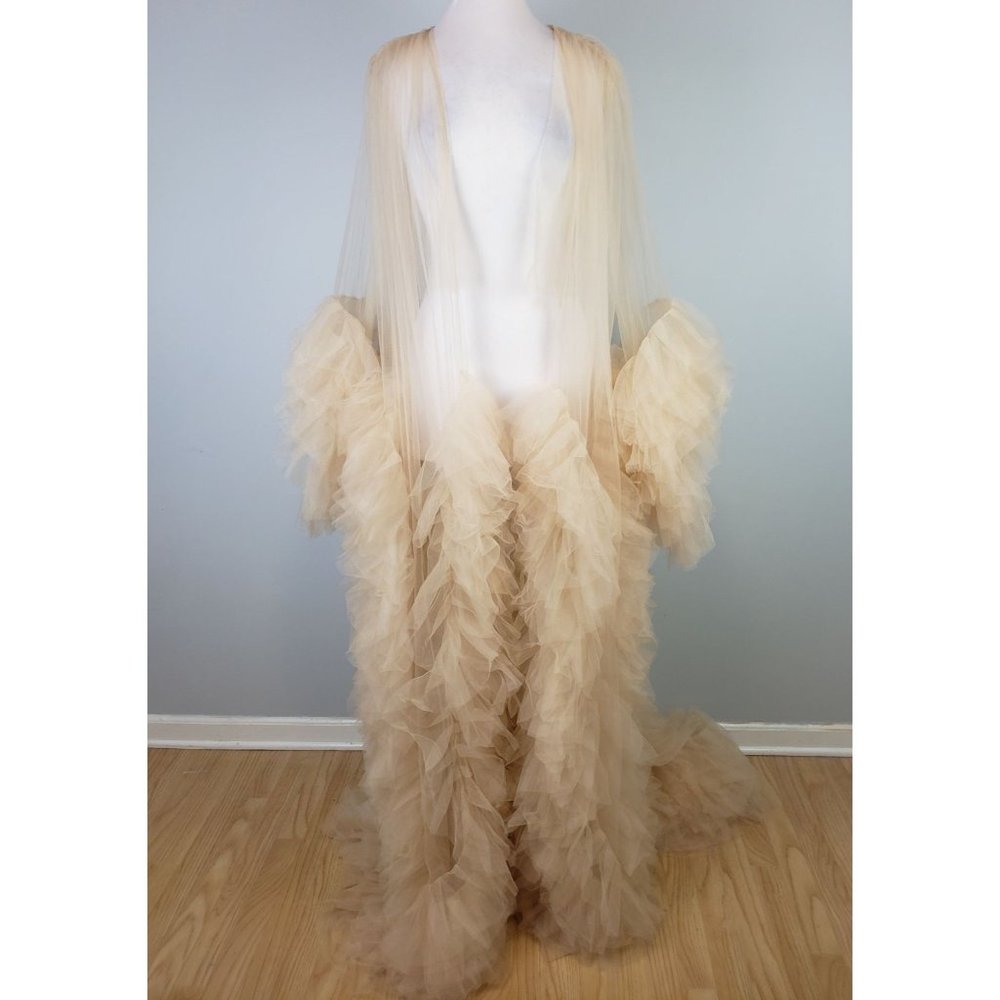 Sheer Ruffle Tulle Robe in Champagne